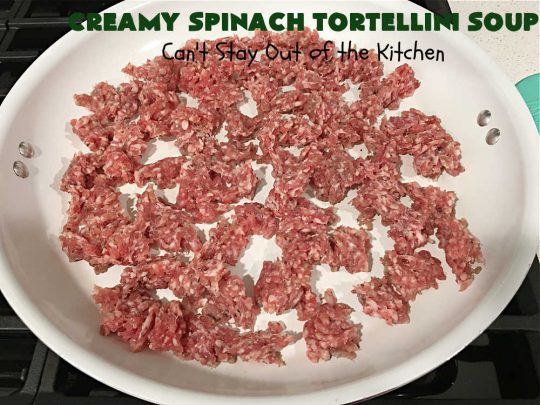 Creamy Spinach Tortellini Soup | Can't Stay Out of the Kitchen | this fantastic #soup uses only about a handful of ingredients but it cooks up into one of the most delicious #ComfortFood #recipes ever! This mouthwatering soup is so easy since it's made in the #SlowCooker! Great for cool nights or lunches. #spinach #tortellini #tomatoes #CreamCheese #ItalianSausage #pork #CreamySpinachTortelliniSoup