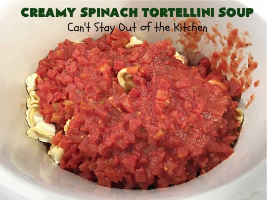 Creamy Spinach Tortellini Soup | Can't Stay Out of the Kitchen | this fantastic #soup uses only about a handful of ingredients but it cooks up into one of the most delicious #ComfortFood #recipes ever! This mouthwatering soup is so easy since it's made in the #SlowCooker! Great for cool nights or lunches. #spinach #tortellini #tomatoes #CreamCheese #ItalianSausage #pork #CreamySpinachTortelliniSoupCreamy Spinach Tortellini Soup | Can't Stay Out of the Kitchen | this fantastic #soup uses only about a handful of ingredients but it cooks up into one of the most delicious #ComfortFood #recipes ever! This mouthwatering soup is so easy since it's made in the #SlowCooker! Great for cool nights or lunches. #spinach #tortellini #tomatoes #CreamCheese #ItalianSausage #pork #CreamySpinachTortelliniSoup