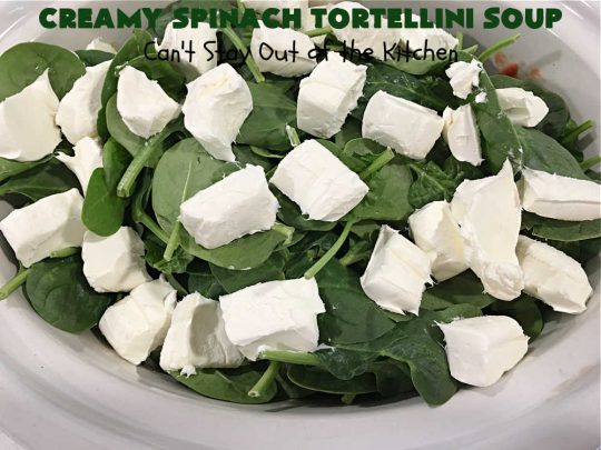 Creamy Spinach Tortellini Soup | Can't Stay Out of the Kitchen | this fantastic #soup uses only about a handful of ingredients but it cooks up into one of the most delicious #ComfortFood #recipes ever! This mouthwatering soup is so easy since it's made in the #SlowCooker! Great for cool nights or lunches. #spinach #tortellini #tomatoes #CreamCheese #ItalianSausage #pork #CreamySpinachTortelliniSoup