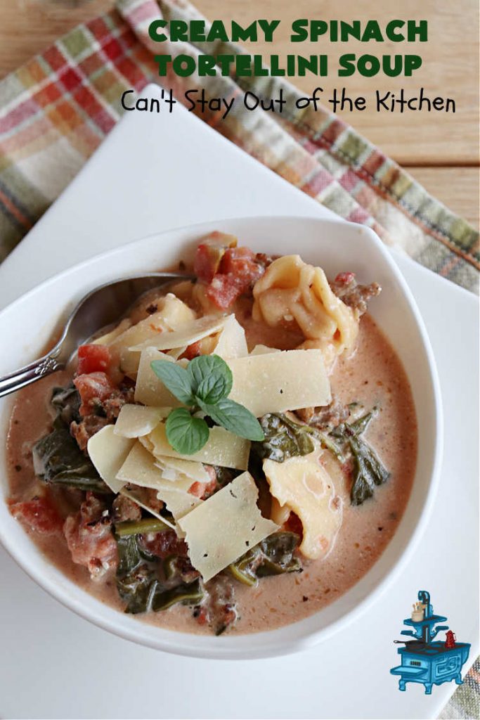 Creamy Spinach Tortellini Soup | Can't Stay Out of the Kitchen | this fantastic #soup uses only about a handful of ingredients but it cooks up into one of the most delicious #ComfortFood #recipes ever! This mouthwatering soup is so easy since it's made in the #SlowCooker! Great for cool nights or lunches. #spinach #tortellini #tomatoes #CreamCheese #ItalianSausage #pork #CreamySpinachTortelliniSoup