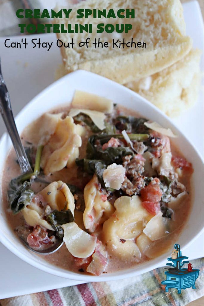 Creamy Spinach Tortellini Soup | Can't Stay Out of the Kitchen | this fantastic #soup uses only about a handful of ingredients but it cooks up into one of the most delicious #ComfortFood #recipes ever! This mouthwatering soup is so easy since it's made in the #SlowCooker! Great for cool nights or lunches. #spinach #tortellini #tomatoes #CreamCheese #ItalianSausage #pork #CreamySpinachTortelliniSoup