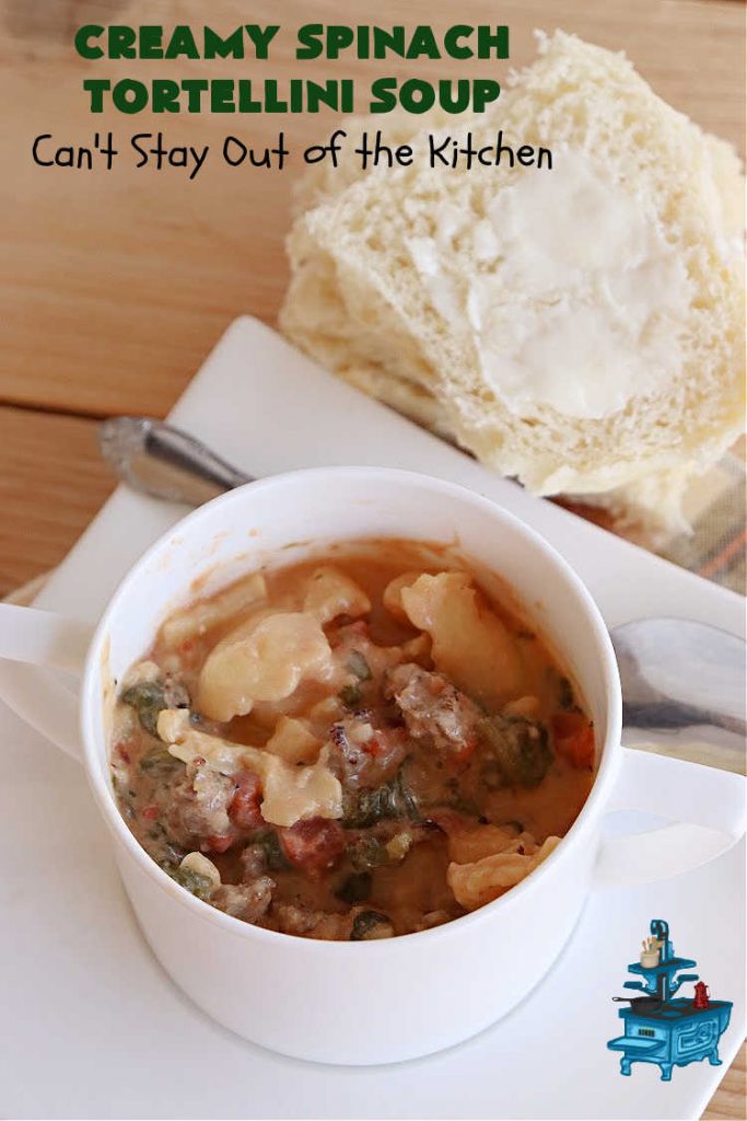 Creamy Spinach Tortellini Soup | Can't Stay Out of the Kitchen | this fantastic #soup uses only about a handful of ingredients but it cooks up into one of the most delicious #ComfortFood #recipes ever! This mouthwatering soup is so easy since it's made in the #SlowCooker! Great for cool nights or lunches. #spinach #tortellini #tomatoes #CreamCheese #ItalianSausage #pork #CreamySpinachTortelliniSoup
