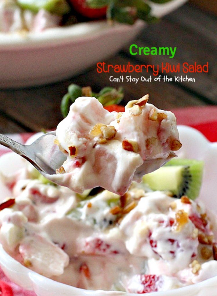 Creamy Strawberry Kiwi Salad | Can't Stay Out of the Kitchen | this fun #salad is perfect for the summer #holidays or #MothersDay. Light, fluffy & irresistible. #glutenfree #strawberries #kiwi