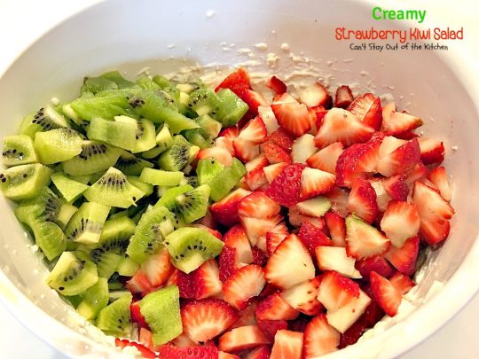 Creamy Strawberry Kiwi Salad | Can't Stay Out of the Kitchen | this fun #salad is perfect for the summer #holidays or #MothersDay. Light, fluffy & irresistible. #glutenfree #strawberries #kiwi
