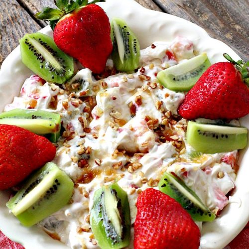 Creamy Strawberry Kiwi Salad | Can't Stay Out of the Kitchen | this fun #salad is perfect for the summer #holidays or #MothersDay. Light, fluffy & irresistible. #glutenfree #strawberries #kiwi