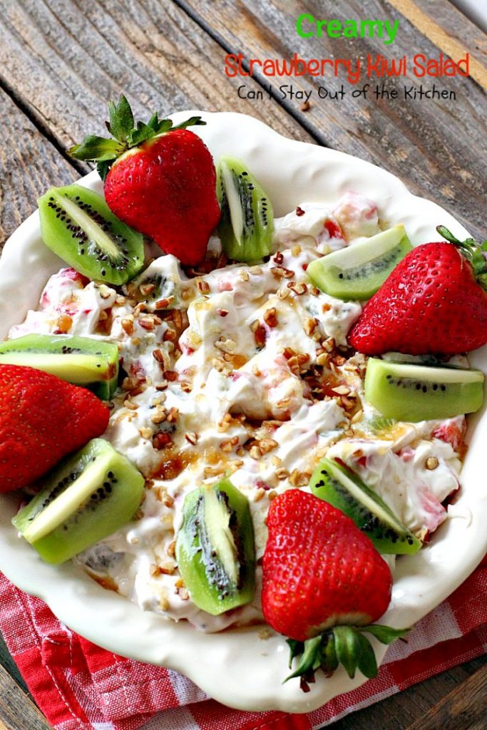 Creamy Strawberry Kiwi Salad | Can't Stay Out of the Kitchen | this fun #salad is perfect for the summer #holidays or #MothersDay. Light, fluffy & irresistible. #glutenfree #strawberries #kiwi
