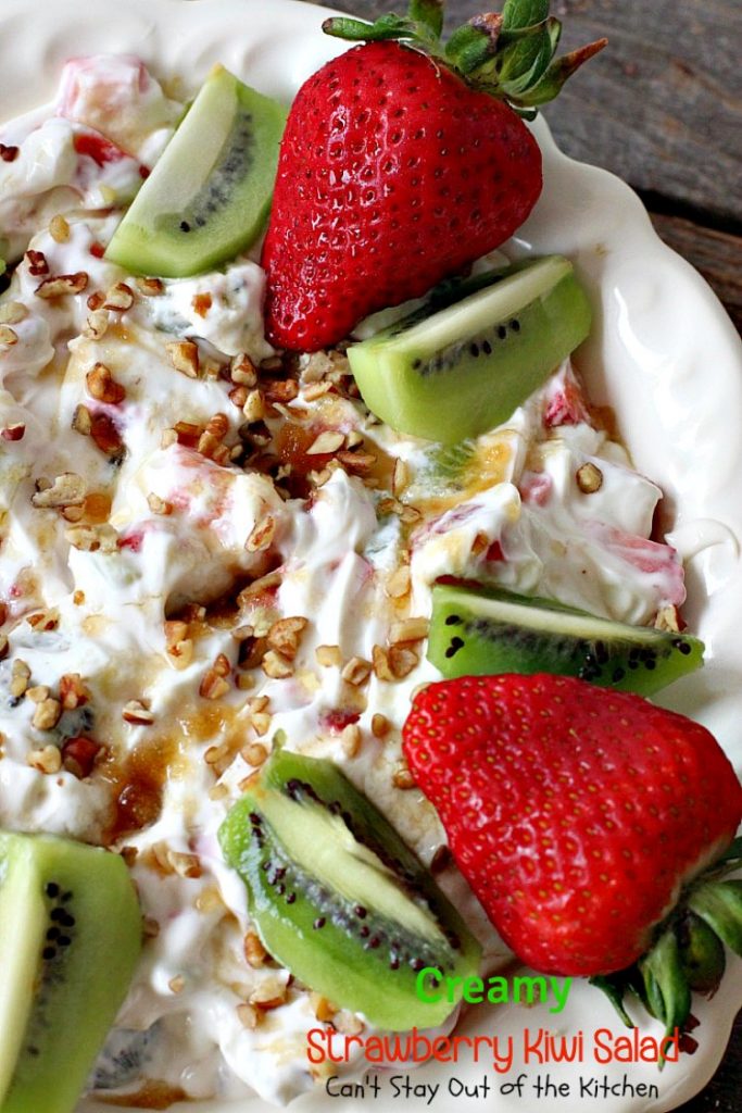 Creamy Strawberry Kiwi Salad | Can't Stay Out of the Kitchen | this fun #salad is perfect for the summer #holidays or #MothersDay. Light, fluffy & irresistible. #glutenfree #strawberries #kiwi