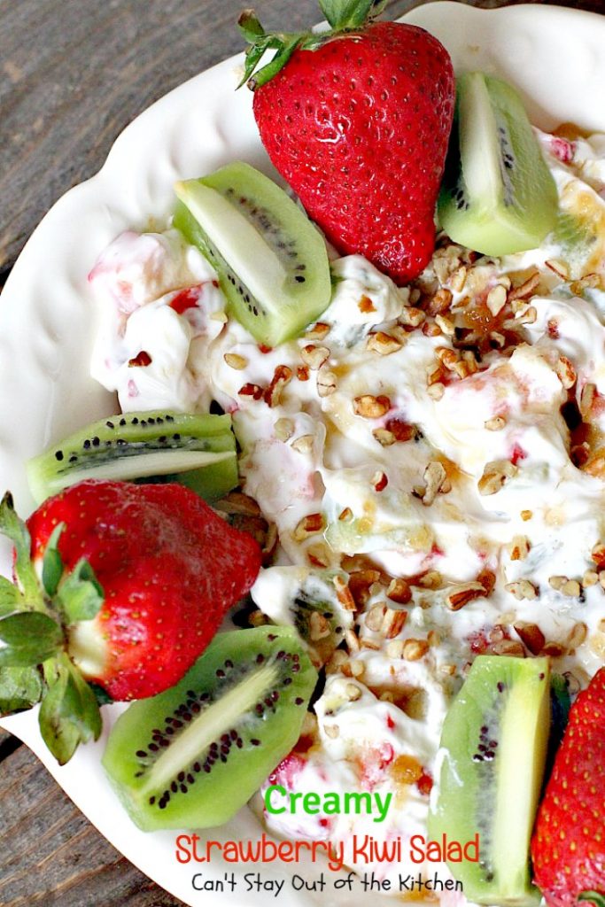 Creamy Strawberry Kiwi Salad | Can't Stay Out of the Kitchen | this fun #salad is perfect for the summer #holidays or #MothersDay. Light, fluffy & irresistible. #glutenfree #strawberries #kiwi