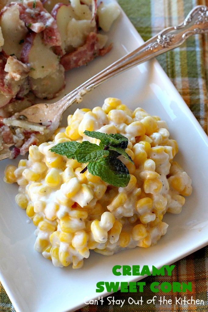Creamy Sweet Corn | Can't Stay Out of the Kitchen | This fantastic #corn dish takes 10 minutes to make & is one of the best you'll ever eat. Tastes a lot like #RudysBBQ #creamedcorn. Everyone raves over this #sweetcorn dish. #glutenfree #SideDish #vegetable #CreamCheese