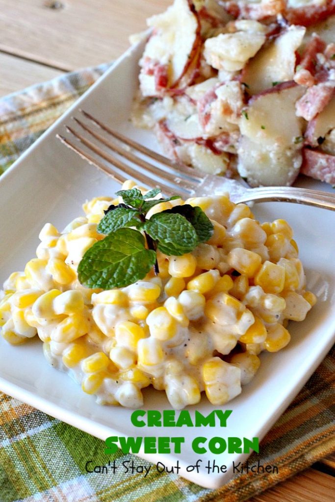Creamy Sweet Corn | Can't Stay Out of the Kitchen | This fantastic #corn dish takes 10 minutes to make & is one of the best you'll ever eat. Tastes a lot like #RudysBBQ #creamedcorn. Everyone raves over this #sweetcorn dish. #glutenfree #SideDish #vegetable #CreamCheese