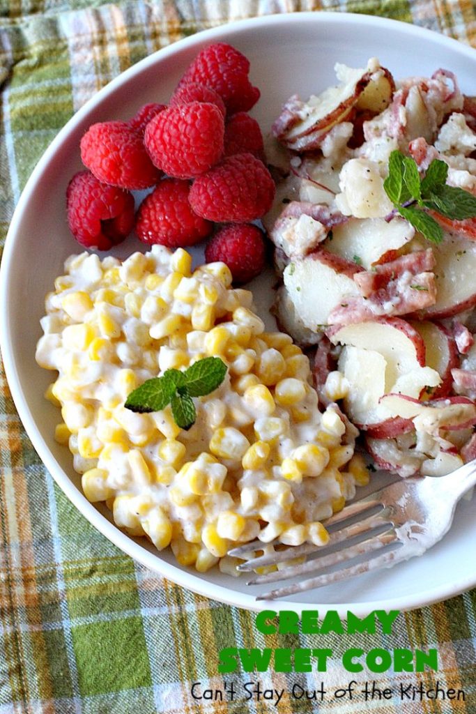 Creamy Sweet Corn | Can't Stay Out of the Kitchen | This fantastic #corn dish takes 10 minutes to make & is one of the best you'll ever eat. Tastes a lot like #RudysBBQ #creamedcorn. Everyone raves over this #sweetcorn dish. #glutenfree #SideDish #vegetable #CreamCheese