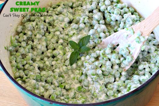 Creamy Sweet Peas | Can't Stay Out of the Kitchen | this fantastic #SideDish can be made up in about 10 minutes. It's so quick & easy for weeknight meals when you're pressed for time. It's also a great side for company or #holiday meals like #Christmas or #Thanksgiving. #GlutenFree #Peas #CreamedSweetPeas #CreamCheese