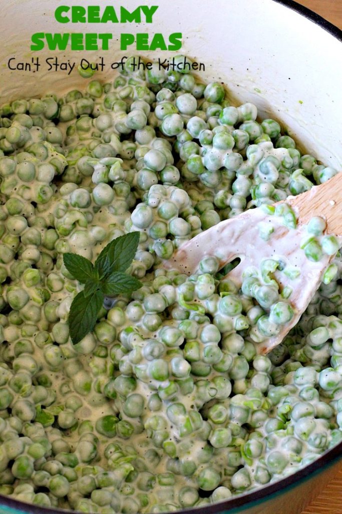 Creamy Sweet Peas | Can't Stay Out of the Kitchen | this fantastic #SideDish can be made up in about 10 minutes. It's so quick & easy for weeknight meals when you're pressed for time. It's also a great side for company or #holiday meals like #Christmas or #Thanksgiving. #GlutenFree #Peas #CreamedSweetPeas #CreamCheese