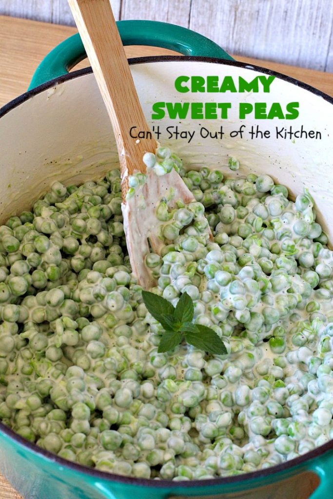 Creamy Sweet Peas | Can't Stay Out of the Kitchen | this fantastic #SideDish can be made up in about 10 minutes. It's so quick & easy for weeknight meals when you're pressed for time. It's also a great side for company or #holiday meals like #Christmas or #Thanksgiving. #GlutenFree #Peas #CreamedSweetPeas #CreamCheese