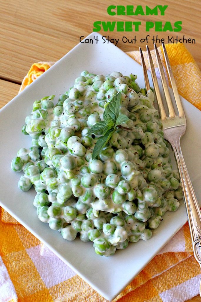 Creamy Sweet Peas | Can't Stay Out of the Kitchen | this fantastic #SideDish can be made up in about 10 minutes. It's so quick & easy for weeknight meals when you're pressed for time. It's also a great side for company or #holiday meals like #Christmas or #Thanksgiving. #GlutenFree #Peas #CreamedSweetPeas #CreamCheese