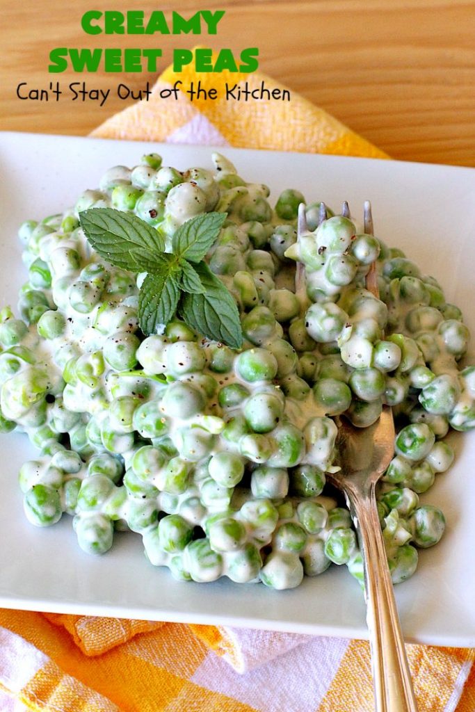 Creamy Sweet Peas | Can't Stay Out of the Kitchen | this fantastic #SideDish can be made up in about 10 minutes. It's so quick & easy for weeknight meals when you're pressed for time. It's also a great side for company or #holiday meals like #Christmas or #Thanksgiving. #GlutenFree #Peas #CreamedSweetPeas #CreamCheese