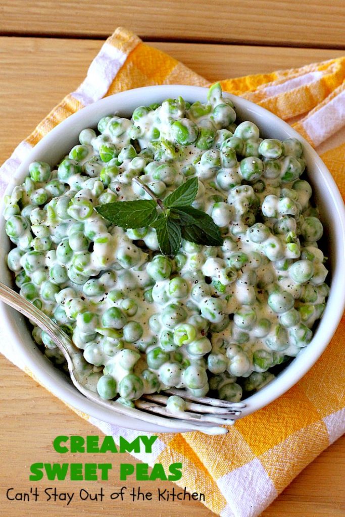 Creamy Sweet Peas | Can't Stay Out of the Kitchen | this fantastic #SideDish can be made up in about 10 minutes. It's so quick & easy for weeknight meals when you're pressed for time. It's also a great side for company or #holiday meals like #Christmas or #Thanksgiving. #GlutenFree #Peas #CreamedSweetPeas #CreamCheese