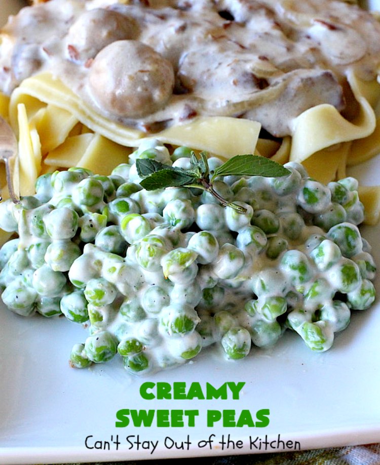 Creamy Sweet Peas | Can't Stay Out of the Kitchen | this fantastic #SideDish can be made up in about 10 minutes. It's so quick & easy for weeknight meals when you're pressed for time. It's also a great side for company or #holiday meals like #Christmas or #Thanksgiving. #GlutenFree #Peas #CreamedSweetPeas #CreamCheese