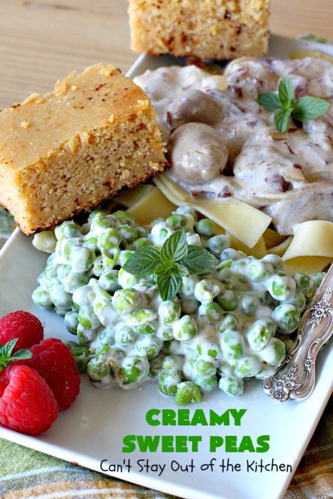 Creamy Sweet Peas | Can't Stay Out of the Kitchen | this fantastic #SideDish can be made up in about 10 minutes. It's so quick & easy for weeknight meals when you're pressed for time. It's also a great side for company or #holiday meals like #Christmas or #Thanksgiving. #GlutenFree #Peas #CreamedSweetPeas #CreamCheese
