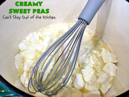 Creamy Sweet Peas | Can't Stay Out of the Kitchen | this fantastic #SideDish can be made up in about 10 minutes. It's so quick & easy for weeknight meals when you're pressed for time. It's also a great side for company or #holiday meals like #Christmas or #Thanksgiving. #GlutenFree #Peas #CreamedSweetPeas #CreamCheese