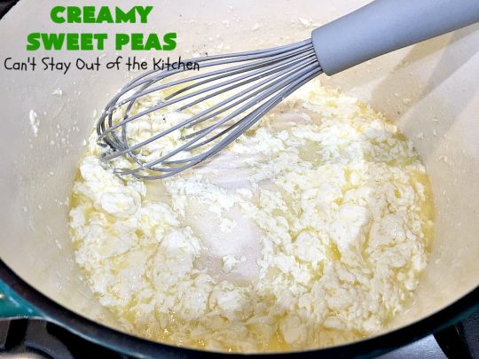 Creamy Sweet Peas | Can't Stay Out of the Kitchen | this fantastic #SideDish can be made up in about 10 minutes. It's so quick & easy for weeknight meals when you're pressed for time. It's also a great side for company or #holiday meals like #Christmas or #Thanksgiving. #GlutenFree #Peas #CreamedSweetPeas #CreamCheese