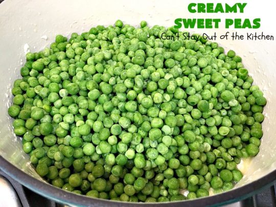 Creamy Sweet Peas | Can't Stay Out of the Kitchen | this fantastic #SideDish can be made up in about 10 minutes. It's so quick & easy for weeknight meals when you're pressed for time. It's also a great side for company or #holiday meals like #Christmas or #Thanksgiving. #GlutenFree #Peas #CreamedSweetPeas #CreamCheese