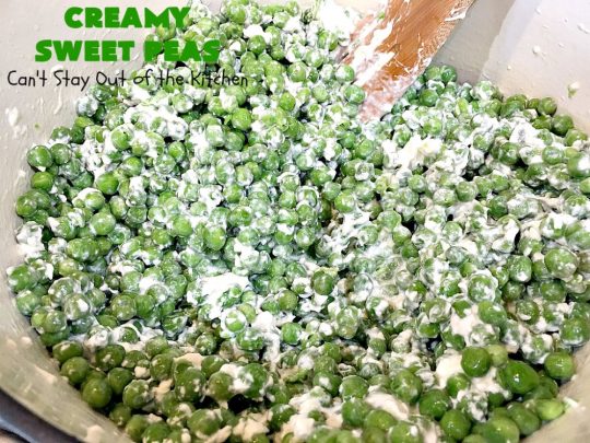 Creamy Sweet Peas | Can't Stay Out of the Kitchen | this fantastic #SideDish can be made up in about 10 minutes. It's so quick & easy for weeknight meals when you're pressed for time. It's also a great side for company or #holiday meals like #Christmas or #Thanksgiving. #GlutenFree #Peas #CreamedSweetPeas #CreamCheese
