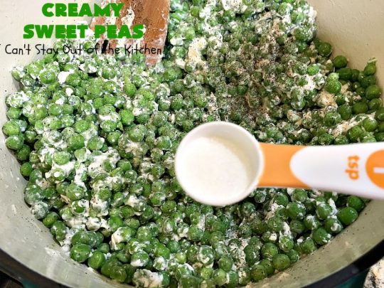 Creamy Sweet Peas | Can't Stay Out of the Kitchen | this fantastic #SideDish can be made up in about 10 minutes. It's so quick & easy for weeknight meals when you're pressed for time. It's also a great side for company or #holiday meals like #Christmas or #Thanksgiving. #GlutenFree #Peas #CreamedSweetPeas #CreamCheese