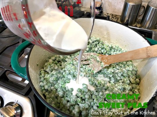 Creamy Sweet Peas | Can't Stay Out of the Kitchen | this fantastic #SideDish can be made up in about 10 minutes. It's so quick & easy for weeknight meals when you're pressed for time. It's also a great side for company or #holiday meals like #Christmas or #Thanksgiving. #GlutenFree #Peas #CreamedSweetPeas #CreamCheese