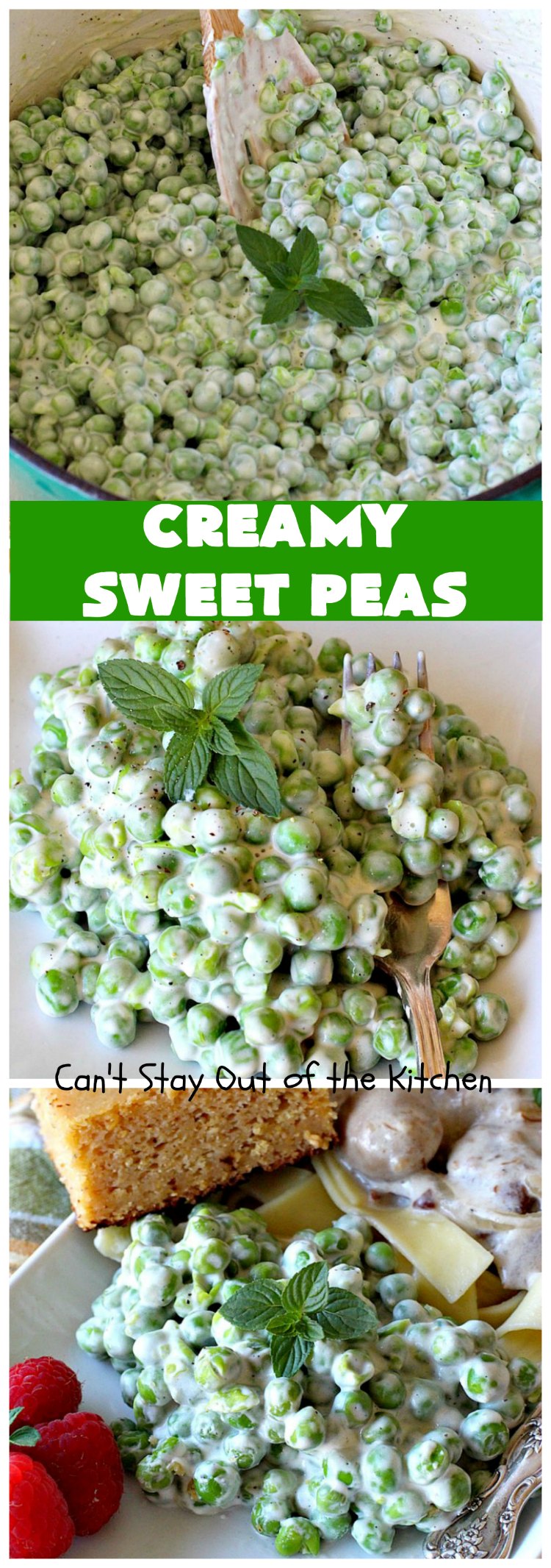 Creamy Sweet Peas | Can't Stay Out of the Kitchen | this fantastic #SideDish can be made up in about 10 minutes. It's so quick & easy for weeknight meals when you're pressed for time. It's also a great side for company or #holiday meals like #Christmas or #Thanksgiving. #GlutenFree #Peas #CreamedSweetPeas #CreamCheese