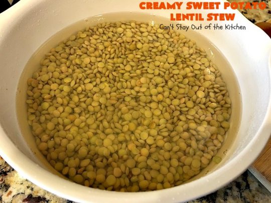 Creamy Sweet Potato Lentil Stew | Can't Stay Out of the Kitchen | this delicious #stew is healthy, #glutenfree & easily #vegan if you substitute coconut milk for the cream. It's hearty, filling and satisfying comfort food that's big on taste & wonderful for winter. #soup #lentils #sweetpotatoes