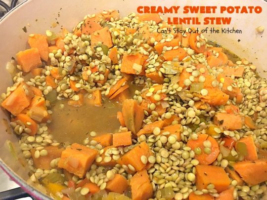 Creamy Sweet Potato Lentil Stew | Can't Stay Out of the Kitchen | this delicious #stew is healthy, #glutenfree & easily #vegan if you substitute coconut milk for the cream. It's hearty, filling and satisfying comfort food that's big on taste & wonderful for winter. #soup #lentils #sweetpotatoes
