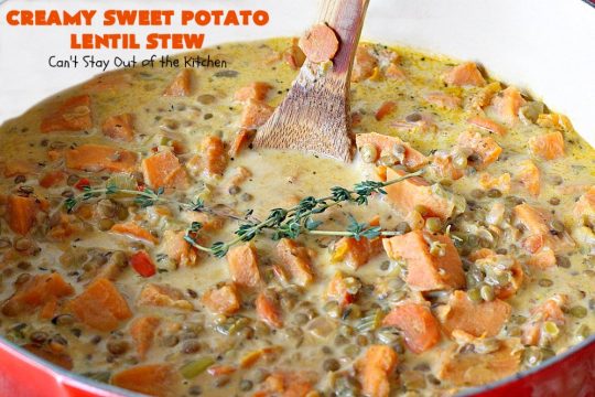 Creamy Sweet Potato Lentil Stew | Can't Stay Out of the Kitchen | this delicious #stew is healthy, #glutenfree & easily #vegan if you substitute coconut milk for the cream. It's hearty, filling and satisfying comfort food that's big on taste & wonderful for winter. #soup #lentils #sweetpotatoes