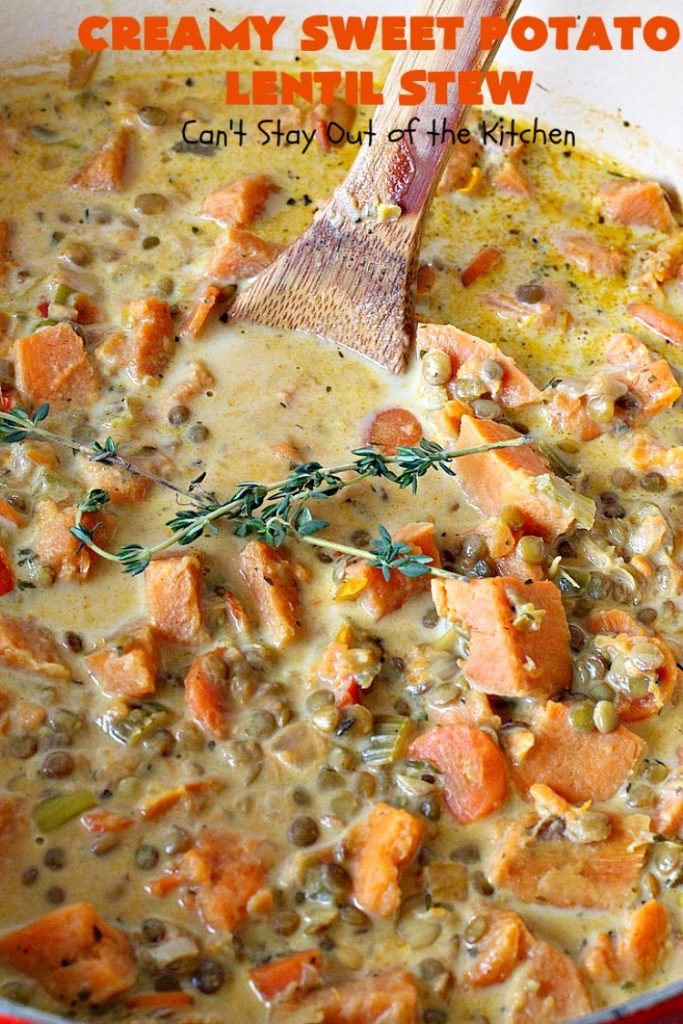 Creamy Sweet Potato Lentil Stew | Can't Stay Out of the Kitchen | this delicious #stew is healthy, #glutenfree & easily #vegan if you substitute coconut milk for the cream. It's hearty, filling and satisfying comfort food that's big on taste & wonderful for winter. #soup #lentils #sweetpotatoes