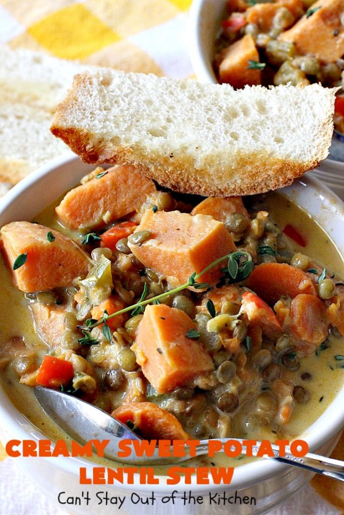 Creamy Sweet Potato Lentil Stew | Can't Stay Out of the Kitchen | this delicious #stew is healthy, #glutenfree & easily #vegan if you substitute coconut milk for the cream. It's hearty, filling and satisfying comfort food that's big on taste & wonderful for winter. #soup #lentils #sweetpotatoes