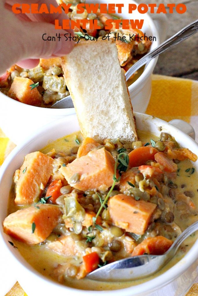 Creamy Sweet Potato Lentil Stew | Can't Stay Out of the Kitchen | this delicious #stew is healthy, #glutenfree & easily #vegan if you substitute coconut milk for the cream. It's hearty, filling and satisfying comfort food that's big on taste & wonderful for winter. #soup #lentils #sweetpotatoes