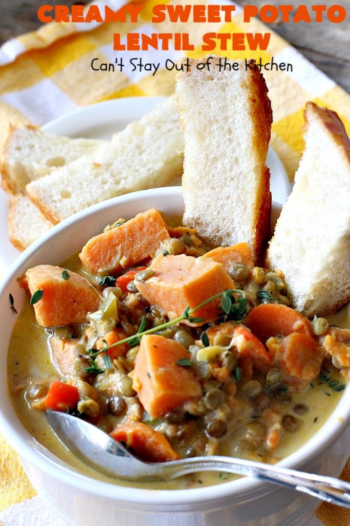 Creamy Sweet Potato Lentil Stew | Can't Stay Out of the Kitchen | this delicious #stew is healthy, #glutenfree & easily #vegan if you substitute coconut milk for the cream. It's hearty, filling and satisfying comfort food that's big on taste & wonderful for winter. #soup #lentils #sweetpotatoes