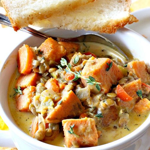 Creamy Sweet Potato Lentil Stew | Can't Stay Out of the Kitchen | this delicious #stew is healthy, #glutenfree & easily #vegan if you substitute coconut milk for the cream. It's hearty, filling and satisfying comfort food that's big on taste & wonderful for winter. #soup #lentils #sweetpotatoes