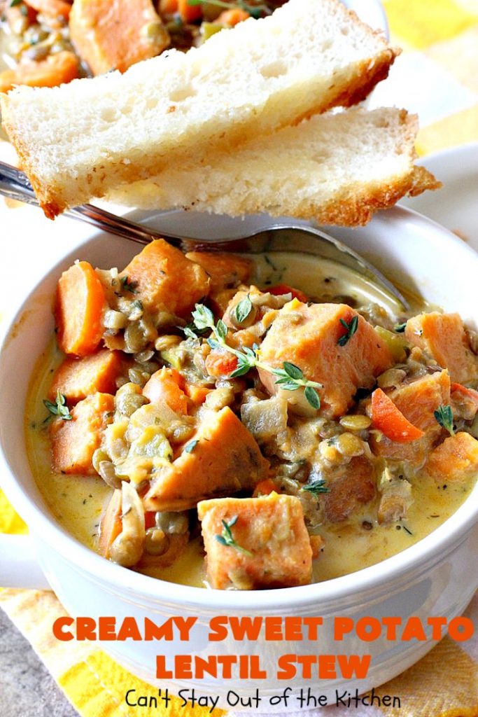 Creamy Sweet Potato Lentil Stew | Can't Stay Out of the Kitchen | this delicious #stew is healthy, #glutenfree & easily #vegan if you substitute coconut milk for the cream. It's hearty, filling and satisfying comfort food that's big on taste & wonderful for winter. #soup #lentils #sweetpotatoes