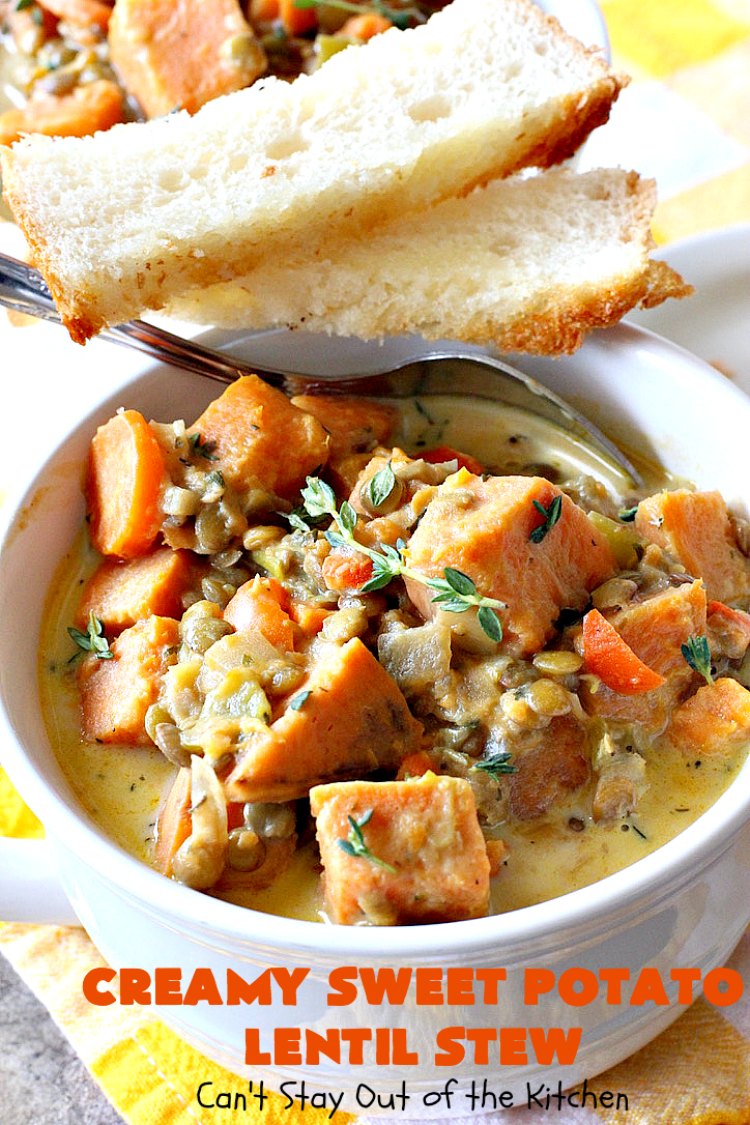 Creamy Sweet Potato Lentil Stew | Can't Stay Out of the Kitchen | this delicious #stew is healthy, #glutenfree & easily #vegan if you substitute coconut milk for the cream. It's hearty, filling and satisfying comfort food that's big on taste & wonderful for winter. #soup #lentils #sweetpotatoes