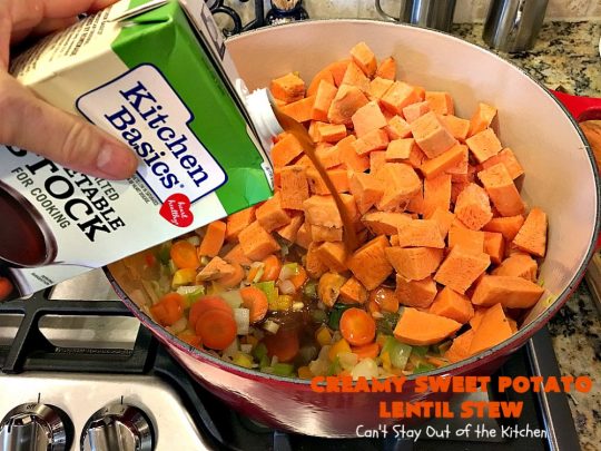 Creamy Sweet Potato Lentil Stew | Can't Stay Out of the Kitchen | this delicious #stew is healthy, #glutenfree & easily #vegan if you substitute coconut milk for the cream. It's hearty, filling and satisfying comfort food that's big on taste & wonderful for winter. #soup #lentils #sweetpotatoes