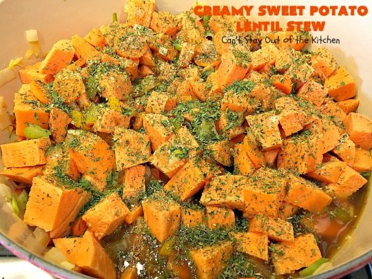 Creamy Sweet Potato Lentil Stew | Can't Stay Out of the Kitchen | this delicious #stew is healthy, #glutenfree & easily #vegan if you substitute coconut milk for the cream. It's hearty, filling and satisfying comfort food that's big on taste & wonderful for winter. #soup #lentils #sweetpotatoes