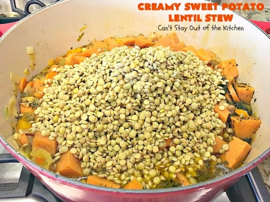 Creamy Sweet Potato Lentil Stew | Can't Stay Out of the Kitchen | this delicious #stew is healthy, #glutenfree & easily #vegan if you substitute coconut milk for the cream. It's hearty, filling and satisfying comfort food that's big on taste & wonderful for winter. #soup #lentils #sweetpotatoes