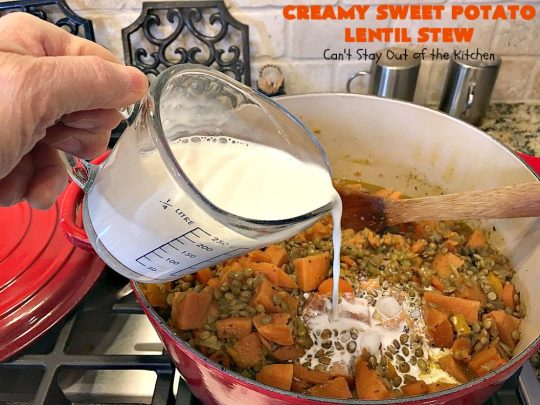 Creamy Sweet Potato Lentil Stew | Can't Stay Out of the Kitchen | this delicious #stew is healthy, #glutenfree & easily #vegan if you substitute coconut milk for the cream. It's hearty, filling and satisfying comfort food that's big on taste & wonderful for winter. #soup #lentils #sweetpotatoes