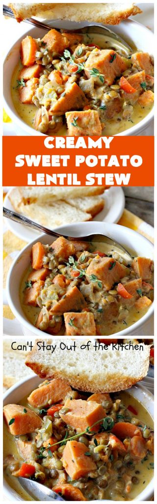 Creamy Sweet Potato Lentil Stew | Can't Stay Out of the Kitchen | this delicious #stew is healthy, #glutenfree & easily #vegan if you substitute coconut milk for the cream. It's hearty, filling and satisfying comfort food that's big on taste & wonderful for winter. #soup #lentils #sweetpotatoes