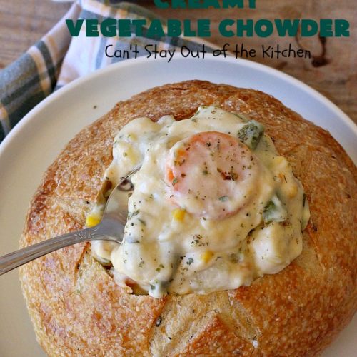 Creamy Vegetable Chowder | Can't Stay Out of the Kitchen | this thick and delicious #chowder is hearty, satisfying and so filling on cold, winter nights. Great comfort food meal. Also wonderful served in bread bowls. #corn #cheese #carrots #asparagus #GreenBeans #soup #CreamyVegetableChowder
