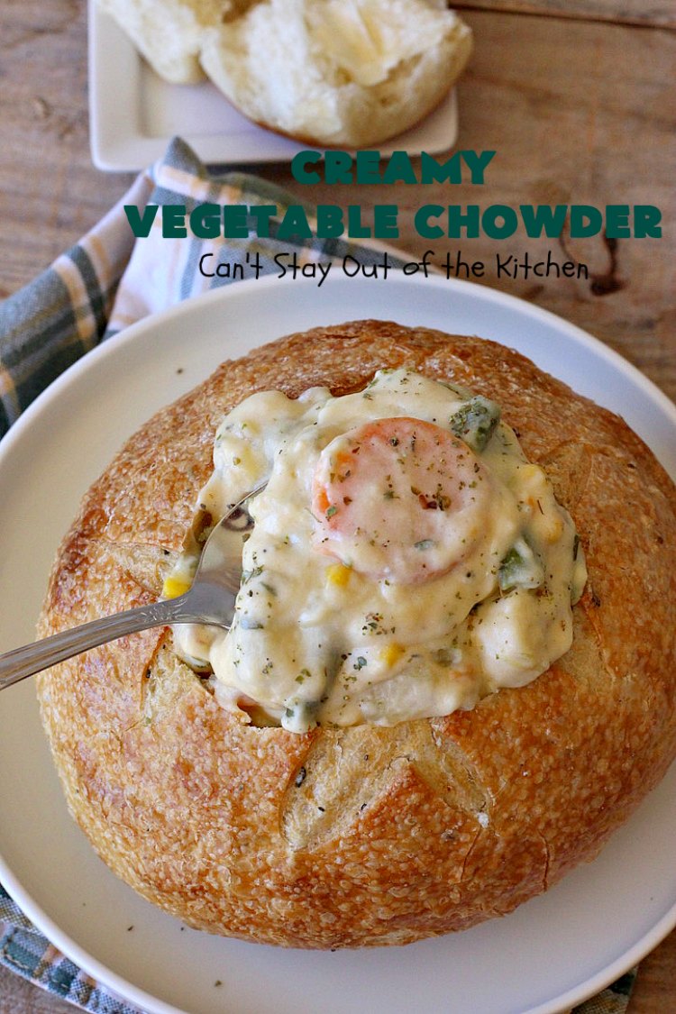 Creamy Vegetable Chowder | Can't Stay Out of the Kitchen | this thick and delicious #chowder is hearty, satisfying and so filling on cold, winter nights. Great comfort food meal. Also wonderful served in bread bowls. #corn #cheese #carrots #asparagus #GreenBeans #soup #CreamyVegetableChowder