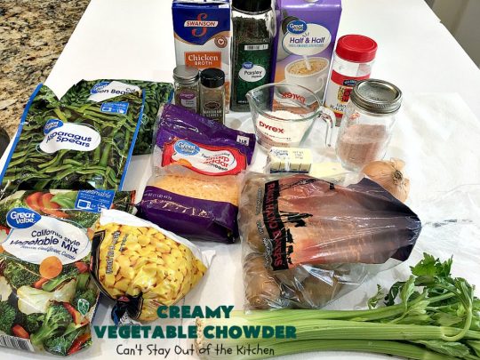 Creamy Vegetable Chowder | Can't Stay Out of the Kitchen | this thick and delicious #chowder is hearty, satisfying and so filling on cold, winter nights. Great comfort food meal. Also wonderful served in bread bowls. #corn #cheese #carrots #asparagus #GreenBeans #soup #CreamyVegetableChowder