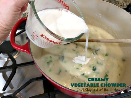 Creamy Vegetable Chowder | Can't Stay Out of the Kitchen | this thick and delicious #chowder is hearty, satisfying and so filling on cold, winter nights. Great comfort food meal. Also wonderful served in bread bowls. #corn #cheese #carrots #asparagus #GreenBeans #soup #CreamyVegetableChowder