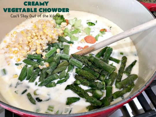 Creamy Vegetable Chowder | Can't Stay Out of the Kitchen | this thick and delicious #chowder is hearty, satisfying and so filling on cold, winter nights. Great comfort food meal. Also wonderful served in bread bowls. #corn #cheese #carrots #asparagus #GreenBeans #soup #CreamyVegetableChowder